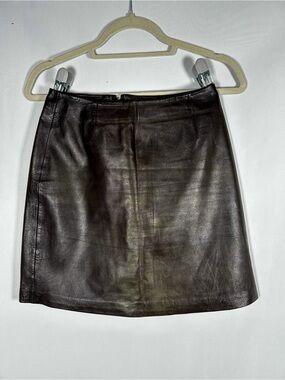 Vintage Caché Gold Label Espresso Brown Leather Mini Skirt Metallic Gold Bronze